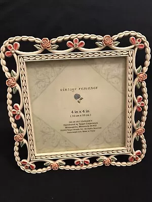 Elsa L White Washed Metal Picture Frame~4”x4” Pink Roses~Shabby Chic~Target~2002 • £19.45