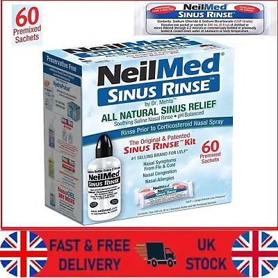 NeilMed Sinus Rinse 60 Sachets And 240ml Bottle Kit Nasal Allergies Dryness • £15.05