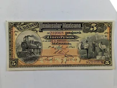 1914 Mexico (Banco Peninsular Mexicano) Cinco (5) Pesos Note CRISP!! • $54.99