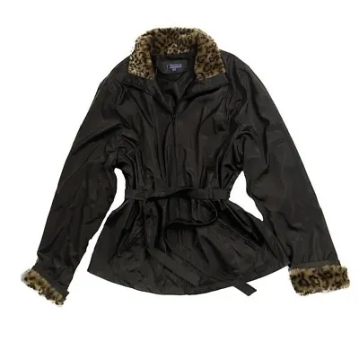 Vintage Faux Leather Coat Black Leopard Cheetah Print Trim Belted • $85