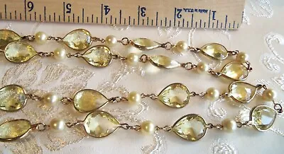 Miriam Haskell ? Long  Champagne Bezel Crystal Glass & Pearl Necklace 55 Inch • $299.99