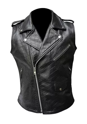 Mens Sleeveless Brando Style Biker Vest Alligator/Crocodile Leather Black Jacket • $99.99