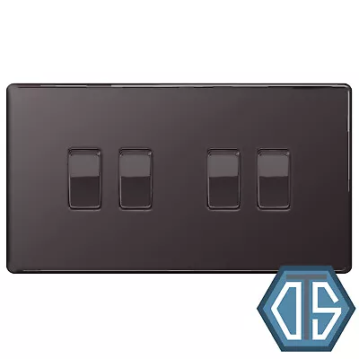 BG FBN44 Black Nickel Satin Quad Light Switch 4 Gang 2 Way Screwless Flatplate • £14.95