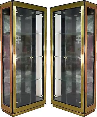 1970s Mirrored & Brass Curio Vitrine Display Cabinets By Mastercraft - A Pair • $11000