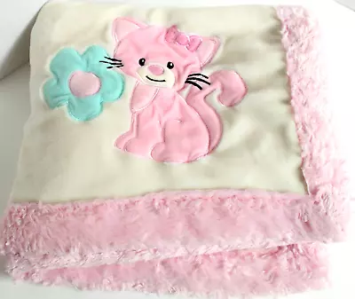 Little Miracles Kitten Cat Bow Flower Plush Baby Blanket Off-White Pink Trim • $14.99