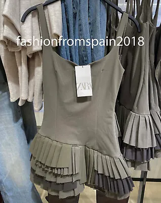 Zara New Woman Short Playsuit Dress With Contrast Box Pleats Khaki 3067/311 • $62.89