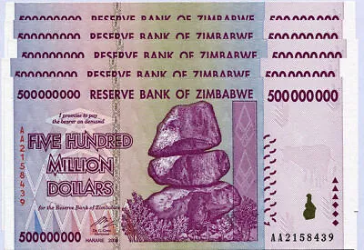 Zimbabwe 500 Million Dollars X 5 Notes AA/AB Serial 2008 P82 UNC Currency Bills • $130.66