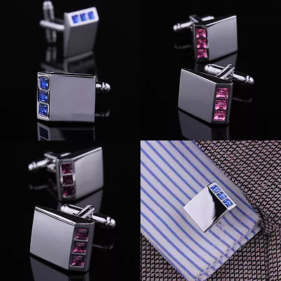 £7.99 • Buy Stainless Steel Silver Mens Diamante Aside Rectangle Shirt Wedding Cufflinks