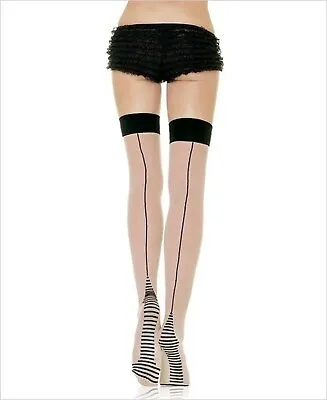 Sexy Sheer Contrast Striped Cuban Heel Seamed Stockings Vintage Fully Fashioned • £7.99