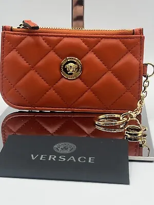 $700 Versace Medusa Quilted Orange Leather Zipper Card Case Wallet With Keychain • $295