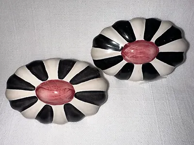 MacKenzie Childs Oval Ribbed Black White Pink Ceramic Knobs Pulls - Set Of 2 • $44.99