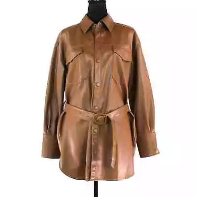 Zara Camel Tan Faux Leather Belted Shacket M Snap Front Shirt Jacket Mini Dress • $55