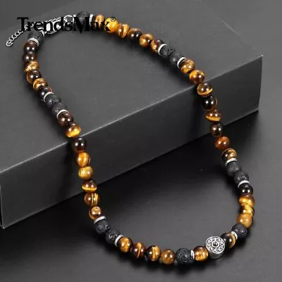 8MM 18  Natural Yellow Tiger Eye's Stone Lava Beaded Necklace Choker For Men Boy • $11.99