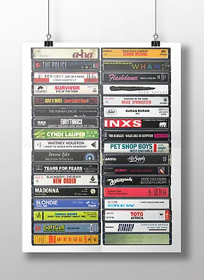1980's Music Poster: Original Cassette Print 1980s Classic Songs Retro 80s • £13.29