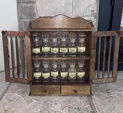 Vintage Japan Spice Rack Apothecary Wall 2 Door Cabinet 12 Glass Jars Drawers • $48.93