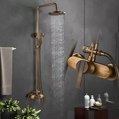 Antique Brass Bathroom Shower Faucet Rain Shower Head Handheld Shower Mixer Taps • £95