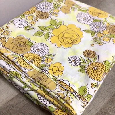 Vintage Queen Flat Sheet Percale Yellow Floral Flower ~ Montgomery Ward • $34.95