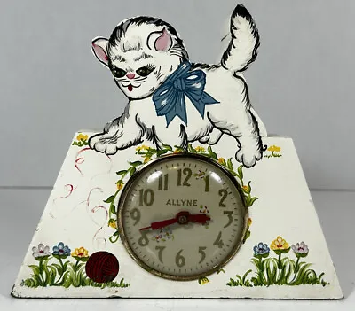Vintage Nursery Electric Clock W/Convex Glass Wood Cut Cat ALLYNE 9  WORKS • $136.83