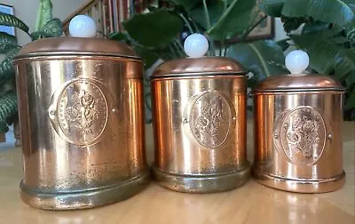 Vintage Cook’s Bazaar 3 Pc Copper Kitchen Canister Set Roses Porcelain Knob • $29.99