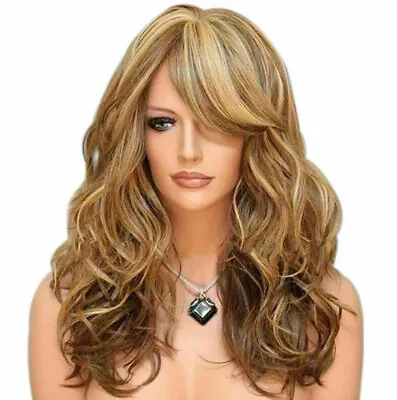 Womens Brown Blond Heat Resistant 23  Long Curly Wavy Full Volume Hair Wig USA-: • $18.45