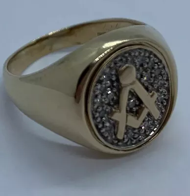 Gents 9 Carat Gold Pave Set Diamond Masonic Swivel Top Signet Ring. • £895