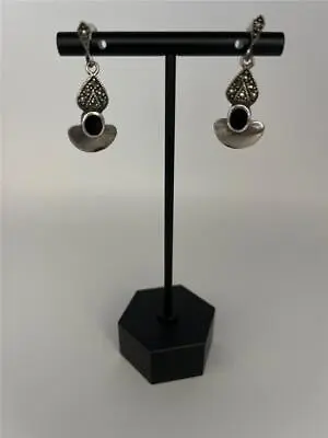 Vintage Marcasite 925 Sterling Silver And Onyx Earrings - Rare • $15