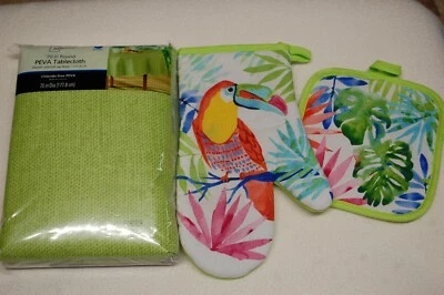 Kitchen GREEN VINYL TABLECLOTH 70  Round OVEN MITT & HOT PAD Tropical Bird • $16