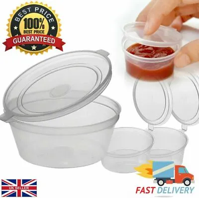 Round Food Containers Plastic Clear Storage Hinged Lid Pots Sauce 1oz 2oz 4oz • £5.90