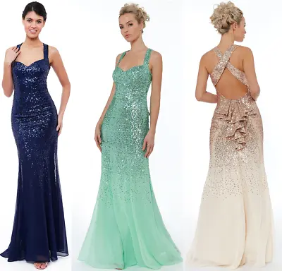 £54.99 • Buy Goddiva Sequin Chiffon Open Back Full Length Maxi Evening Dress Bridesmaid Prom