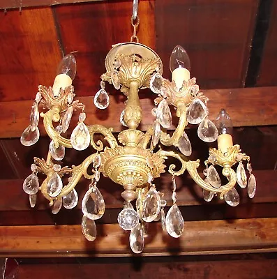 Vintage Antique Ornate Brass And Crystals 18” Chandelier 5 Arm ASSEMBLY REQUIRED • $99