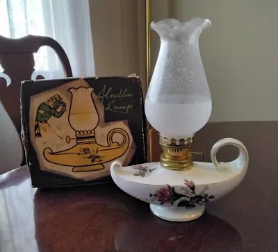 Vintage Porcelain Mini Aladdin Oil Lamp Nasco Japan Moss RoseGold Trim NIB       • $15