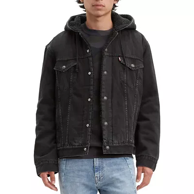 Levis Mens Denim Sherpa Lined Hooded Jean Jacket Fall Pocket Drawstring 85244 • $91.88