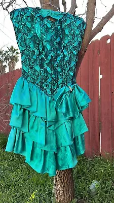 Vintage 80s 90s Zum Zum Prom Mini Dress Teal Ruffle Sequin Lace Bow Homecoming  • $154.99