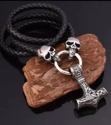 Thor's Hammer Mjolnir Pendant Viking Odin Leather Double Skull Necklace • $10.99