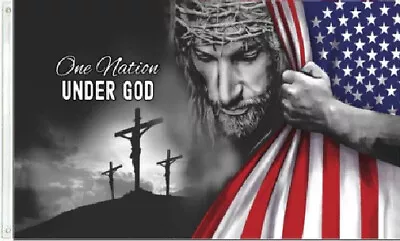$13.88 • Buy 3x5 One Nation Under God Jesus Christ Cross God Bless Usa Flag Banner Grommets