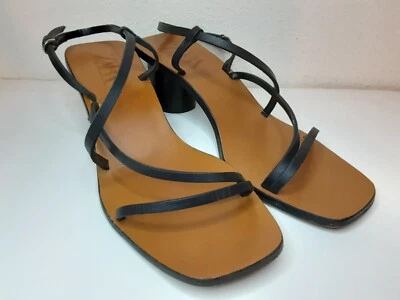 ZARA Real Leather Strappy Sandals Black Circular Heel Size 38/7 • $31