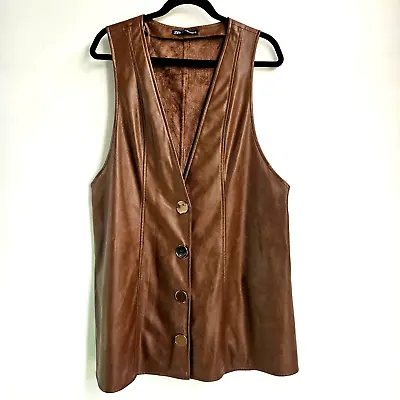 Zara Brown Faux Leather Vest Size L Long Snap Button Front Jacket Western • $30