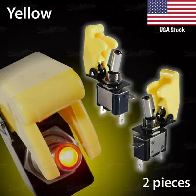 RED LED Toggle Switch 12V 20A SPST ON/OFF SOLID YELLOW Missile Flick Cover X2 • $14.95