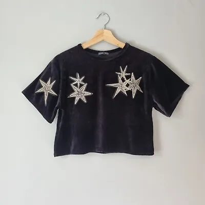 $14.63 • Buy ZARA Velvet Top Size Small Black Cropped Embroidered Star 