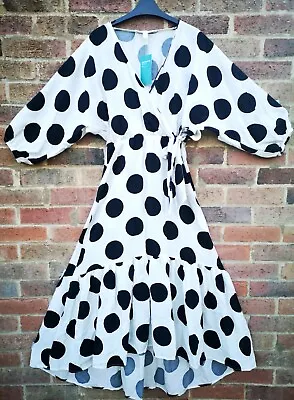 H&M White Black Balloon Sleeve Spot Polka Dot Midi Wrap Dress Size S 10 12 • $36.04