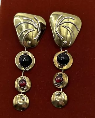 Vintage Ruth Rosenfeld Brass Silver Tone Onyx Garnet Dangle Drop Earrings 3  • $45