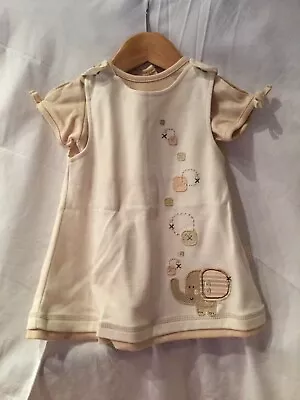 Organic Girls Pinafore Set -  Embroidered Elephant  - Size 0-3 Months • £13.49