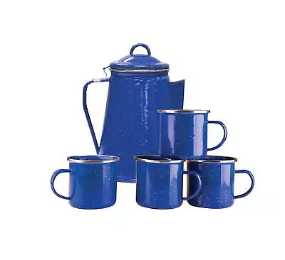 Enamel 8 Cup Coffee Pot With Percolator And 4 12 Ounce Mugs • $25.17