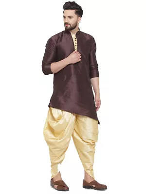 Brown Indian Bollywood Classy Stylish Kurta With Golden Dhoti Set For Men • $36.99