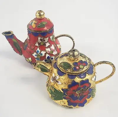 2 Cloisonné Metal Enamel Mini Teapots Flowers Red & Gold Handles Lids • $26.99