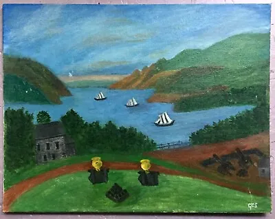 Great Vintage Fort By Lake Primitive 12” X 16” Oil Painting Grandma Moses Style. • $59.99