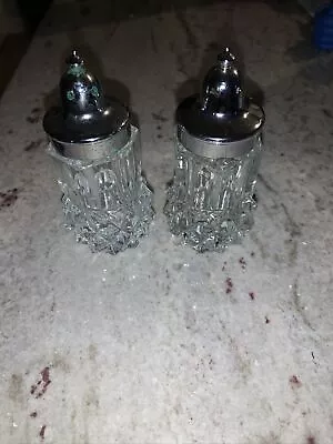 Vintage Indiana Glass Diamond Point Crystal Salt And Pepper Shakers Silver Top • $5