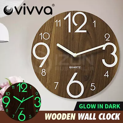 $19.61 • Buy Glow In Dark Wall Clock Luminous Quartz Wooden Non Ticking Home Decor 12''/30cm