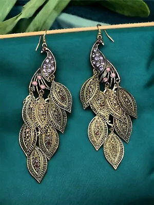 Vintage Drop Dangle Peacock Lavender Rhinestones Pierced Earrings 5” Long • $22.50