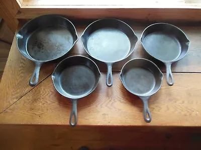 Vintage 3-Notch Lodge 5 PC Set Of Cast Iron Skillets #'s 3 5 6 8 9  Restored • $119.95